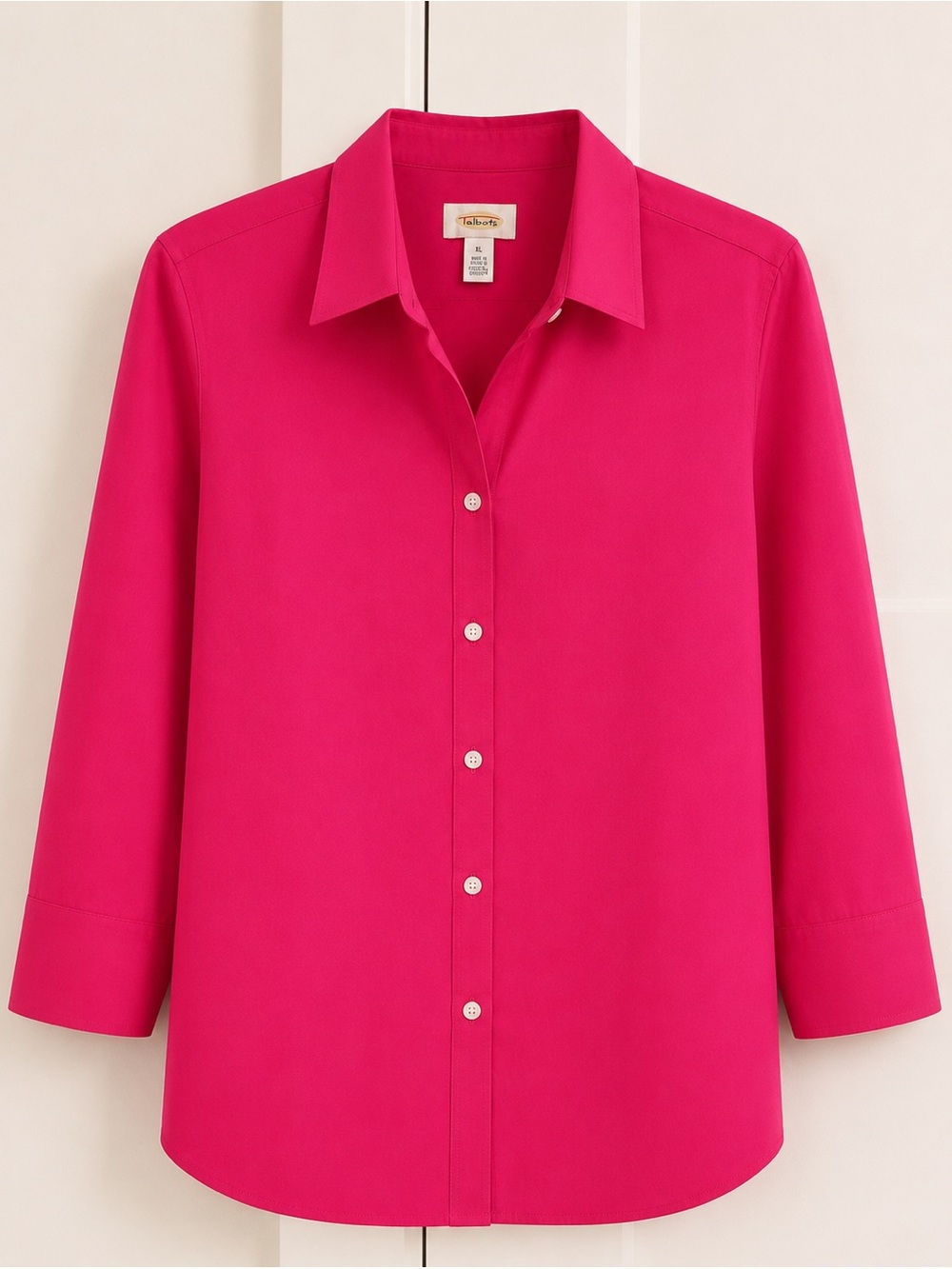 Talbots 100% Cotton Button-Down Shirt Top 3/4 Sleeves Hot Pink Fuchsia XL